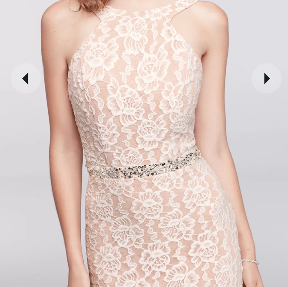 Long Lace Dress with Cutaway Bodice and Slit Skirt - Picture 11 of 14